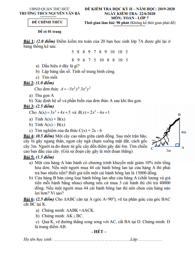 Đề thi học kì 2 (HK2) lớp 7 môn Toán năm 2019 2020 trường THCS Nguyễn Văn Bá TP HCM