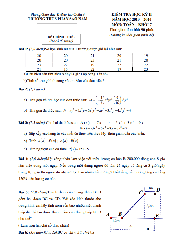 Đề thi học kì 2 (HK2) lớp 7 môn Toán năm 2019 2020 trường THCS Phan Sào Nam TP HCM