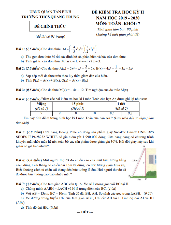 Đề thi học kì 2 (HK2) lớp 7 môn Toán năm 2019 2020 trường THCS Quang Trung TP HCM