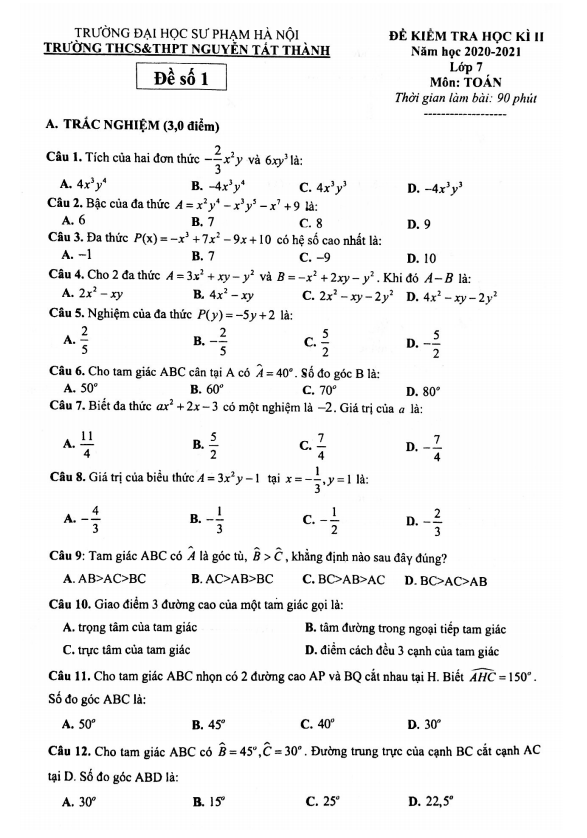 Đề thi học kì 2 (HK2) lớp 7 môn Toán năm 2020 2021 trường Nguyễn Tất Thành Hà Nội