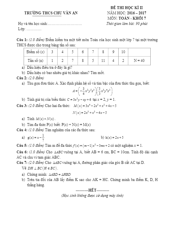 Đề thi học kì 2 (HK2) lớp 7 môn Toán năm học 2016 2017 trường THCS Chu Văn An Quảng Nam