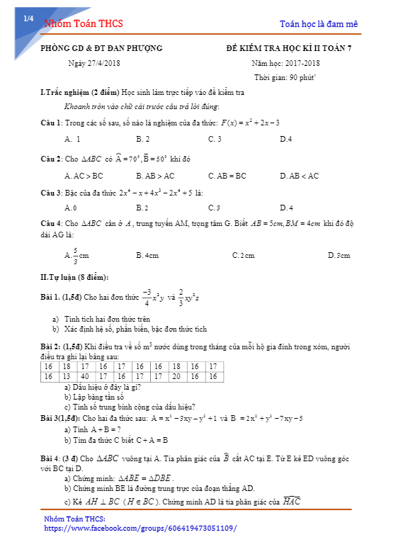 Đề thi học kì 2 (HK2) lớp 7 môn Toán năm học 2017 2018 phòng GD và ĐT Đan Phượng Hà Nội