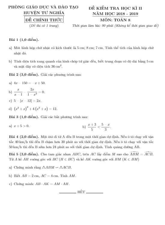 Đề thi học kì 2 (HK2) lớp 8 môn Toán năm 2018 2019 phòng GD ĐT Tư Nghĩa Quảng Ngãi