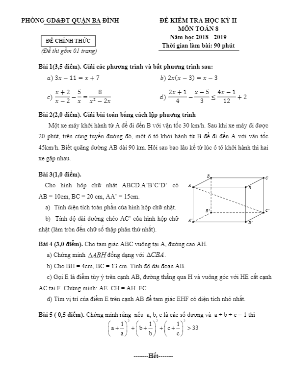 Đề thi học kì 2 (HK2) lớp 8 môn Toán năm 2018 – 2019 phòng GD ĐT Ba Đình – Hà Nội