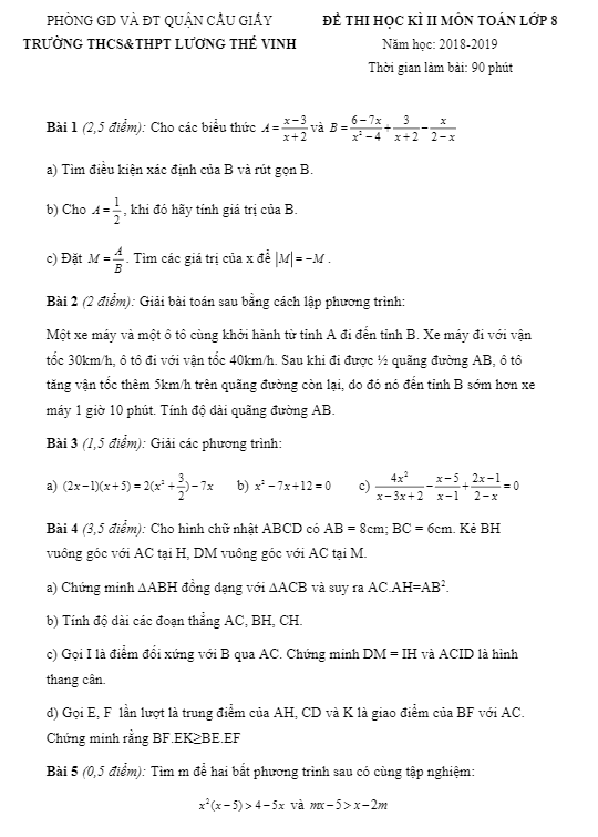 Đề thi học kì 2 (HK2) lớp 8 môn Toán năm 2018 – 2019 trường Lương Thế Vinh – Hà Nội