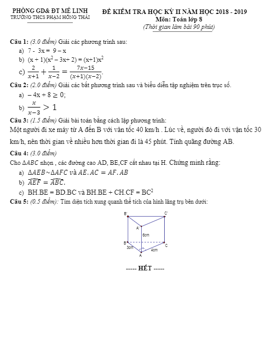 Đề thi học kì 2 (HK2) lớp 8 môn Toán năm 2018 – 2019 trường THCS Phạm Hồng Thái – Hà Nội