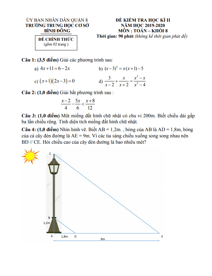 Đề thi học kì 2 (HK2) lớp 8 môn Toán năm 2019 2020 trường THCS Bình Đông TP HCM