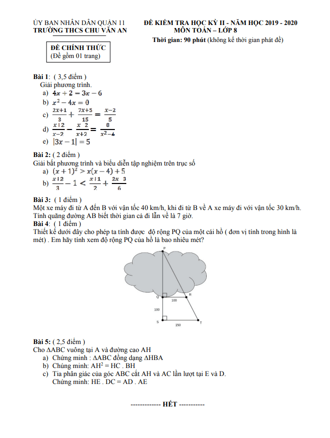 Đề thi học kì 2 (HK2) lớp 8 môn Toán năm 2019 2020 trường THCS Chu Văn An TP HCM