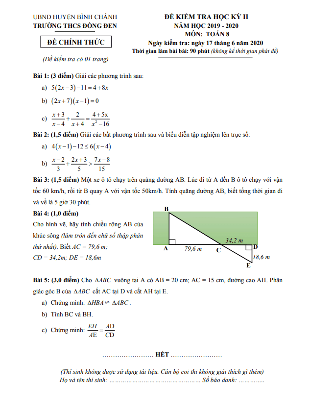 Đề thi học kì 2 (HK2) lớp 8 môn Toán năm 2019 2020 trường THCS Đồng Đen TP HCM