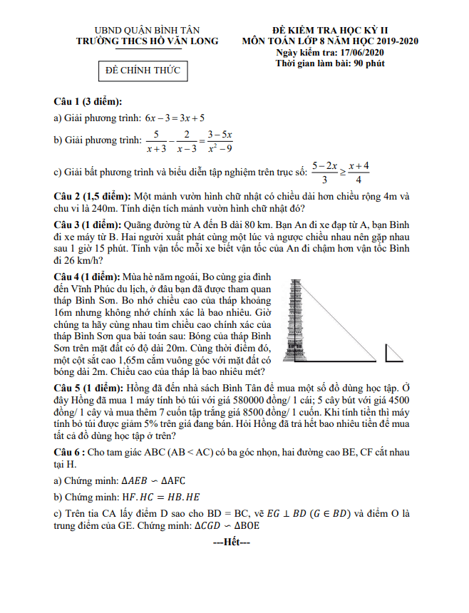 Đề thi học kì 2 (HK2) lớp 8 môn Toán năm 2019 2020 trường THCS Hồ Văn Long TP HCM