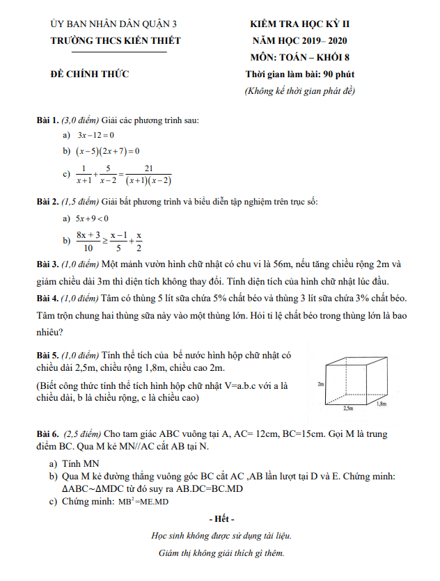 Đề thi học kì 2 (HK2) lớp 8 môn Toán năm 2019 2020 trường THCS Kiến Thiết TP HCM