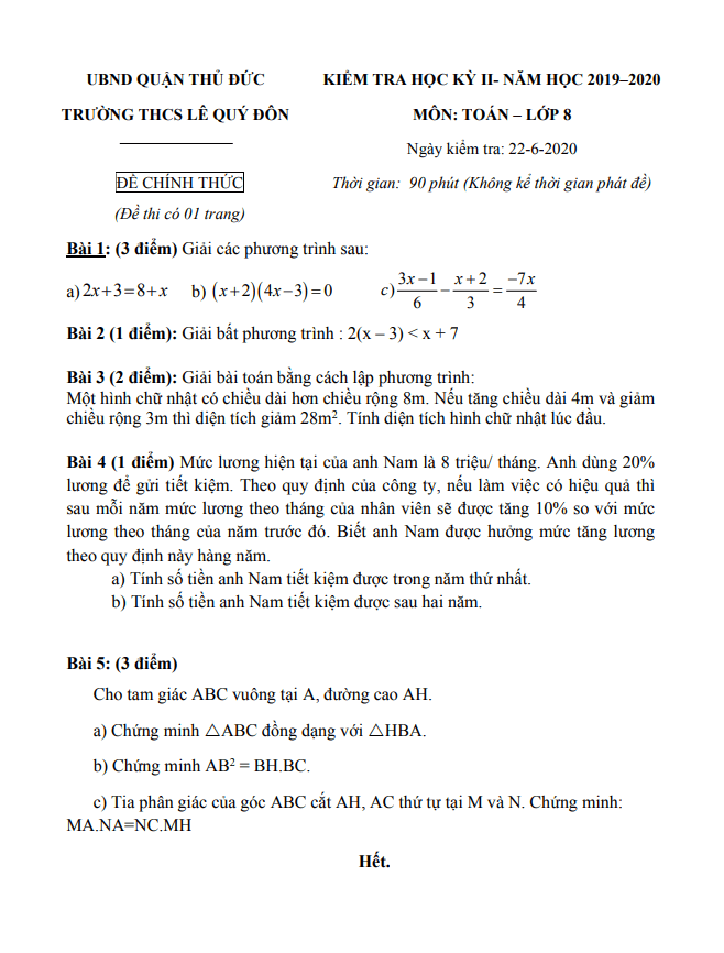 Đề thi học kì 2 (HK2) lớp 8 môn Toán năm 2019 2020 trường THCS Lê Quý Đôn TP HCM