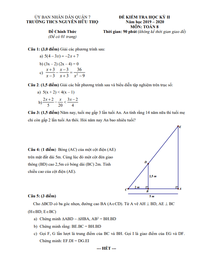 Đề thi học kì 2 (HK2) lớp 8 môn Toán năm 2019 2020 trường THCS Nguyễn Hữu Thọ TP HCM
