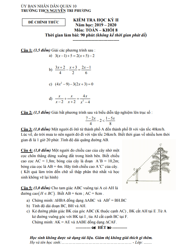 Đề thi học kì 2 (HK2) lớp 8 môn Toán năm 2019 2020 trường THCS Nguyễn Tri Phương TP HCM