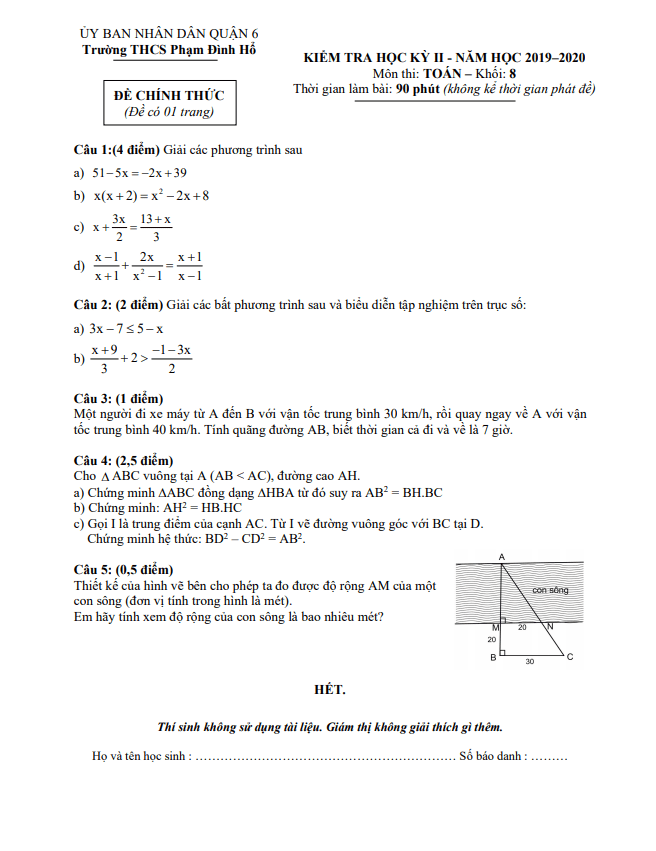 Đề thi học kì 2 (HK2) lớp 8 môn Toán năm 2019 2020 trường THCS Phạm Đình Hổ TP HCM