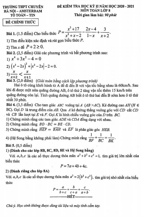 Đề thi học kì 2 (HK2) lớp 8 môn Toán năm 2020 2021 trường chuyên Hà Nội Amsterdam
