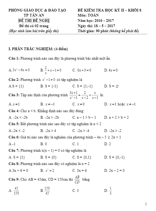 Đề thi học kì 2 (HK2) lớp 8 môn Toán năm học 2016 2017 phòng GD và ĐT thành phố Tân An Long An