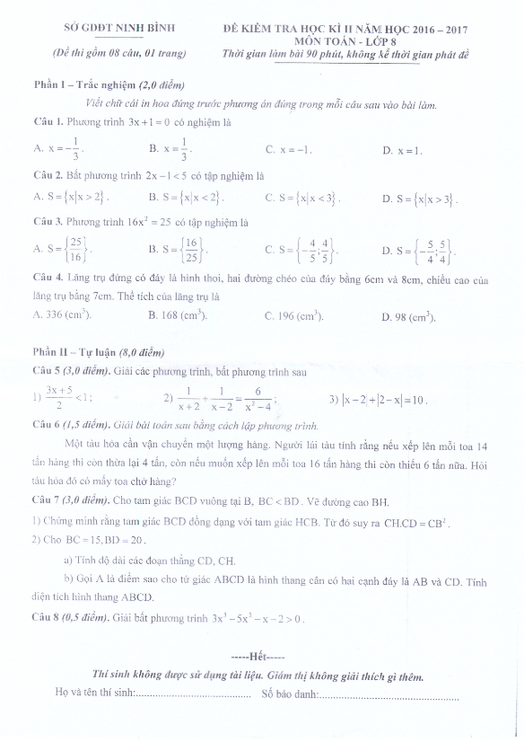 Đề thi học kì 2 (HK2) lớp 8 môn Toán năm học 2016 2017 sở GD và ĐT Ninh Bình