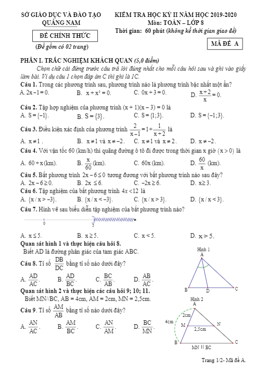 Đề thi học kì 2 (HK2) lớp 8 môn Toán năm học 2019 – 2020 sở GD ĐT Quảng Nam
