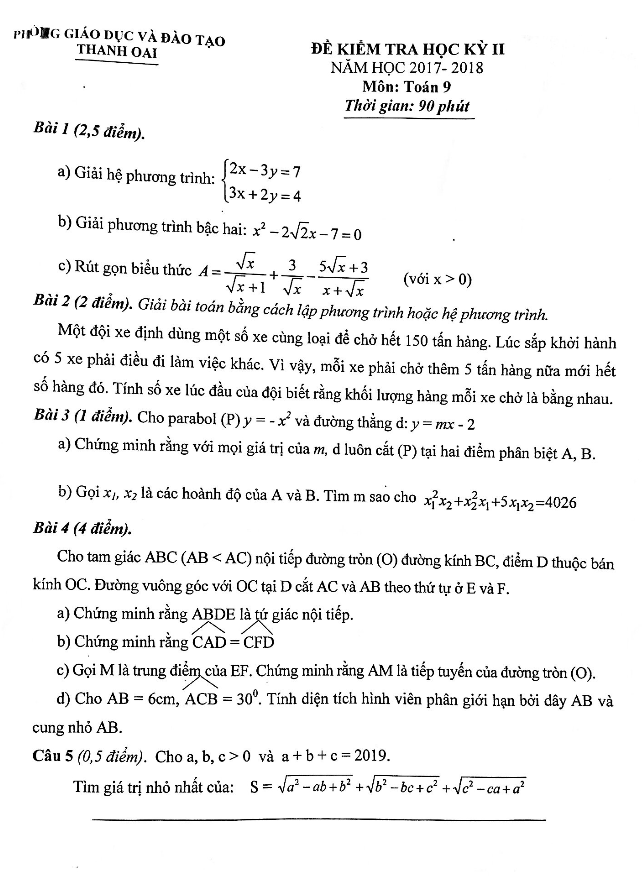 Đề thi học kì 2 (HK2) lớp 9 môn Toán năm 2017 2018 phòng GD và ĐT Thanh Oai Hà Nội
