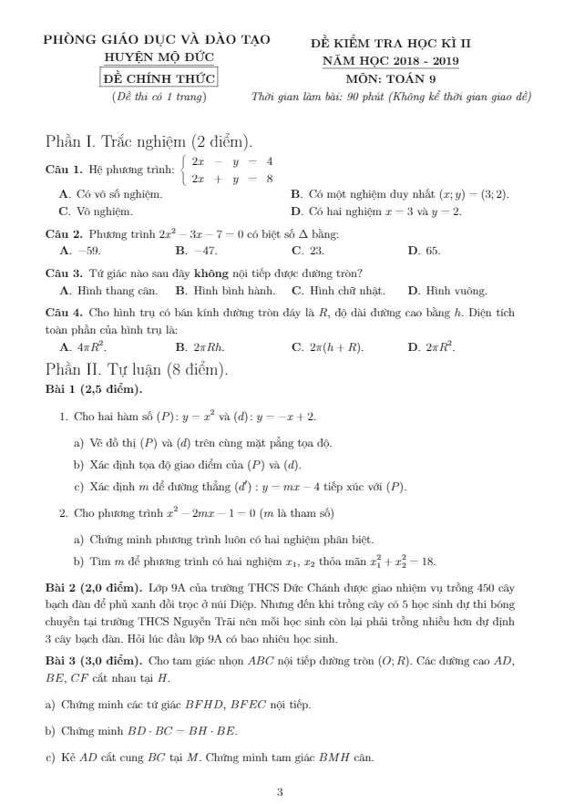 Đề thi học kì 2 (HK2) lớp 9 môn Toán năm 2018 2019 phòng GD ĐT Mộ Đức Quảng Ngãi