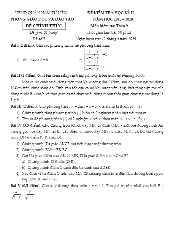 Đề thi học kì 2 (HK2) lớp 9 môn Toán năm 2018 2019 phòng GD ĐT Nam Từ Liêm Hà Nội