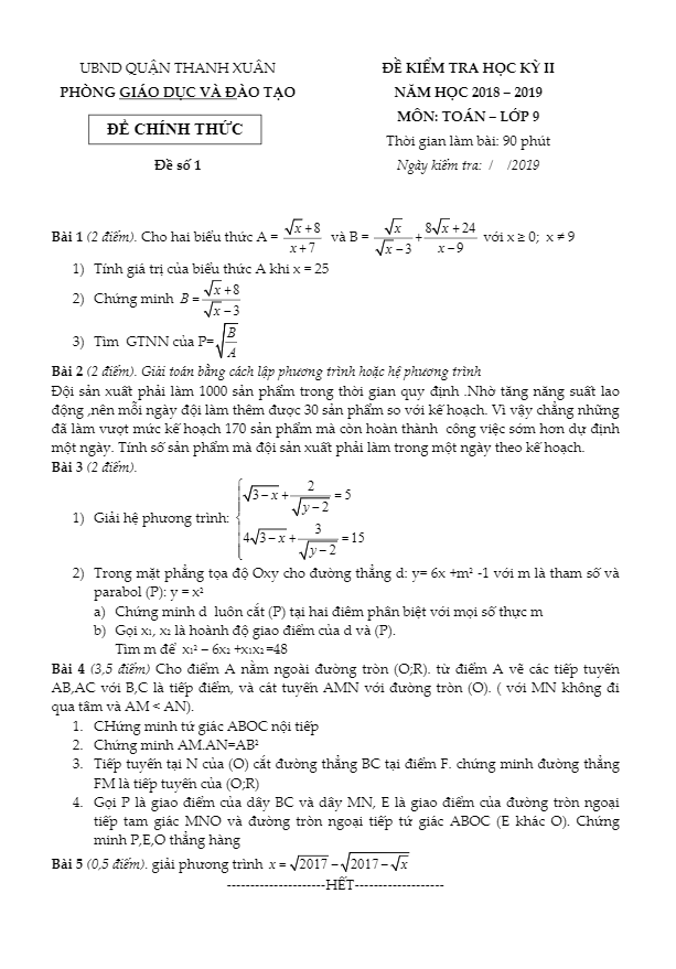 Đề thi học kì 2 (HK2) lớp 9 môn Toán năm 2018 2019 phòng GD ĐT Thanh Xuân Hà Nội