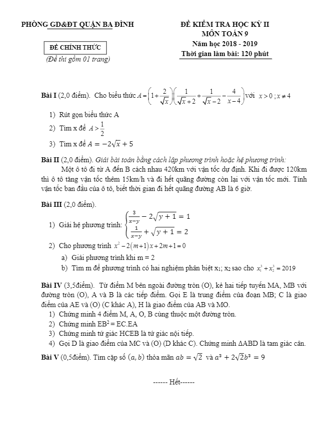 Đề thi học kì 2 (HK2) lớp 9 môn Toán năm 2018 – 2019 phòng GD ĐT Ba Đình – Hà Nội