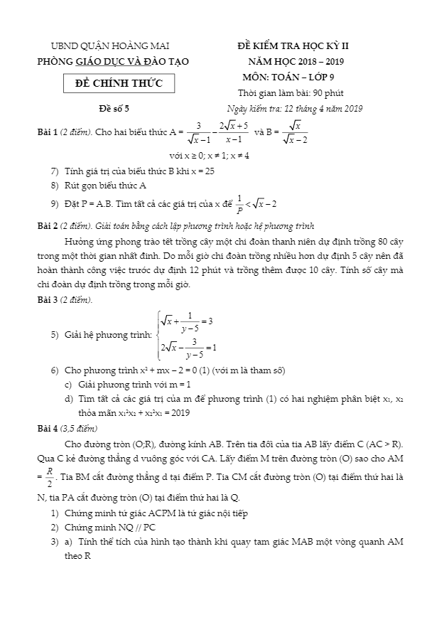 Đề thi học kì 2 (HK2) lớp 9 môn Toán năm 2018 – 2019 phòng GD ĐT Hoàng Mai – Hà Nội