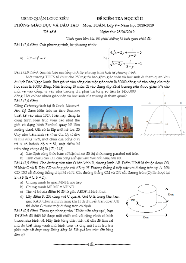 Đề thi học kì 2 (HK2) lớp 9 môn Toán năm 2018 – 2019 phòng GD ĐT Long Biên – Hà Nội