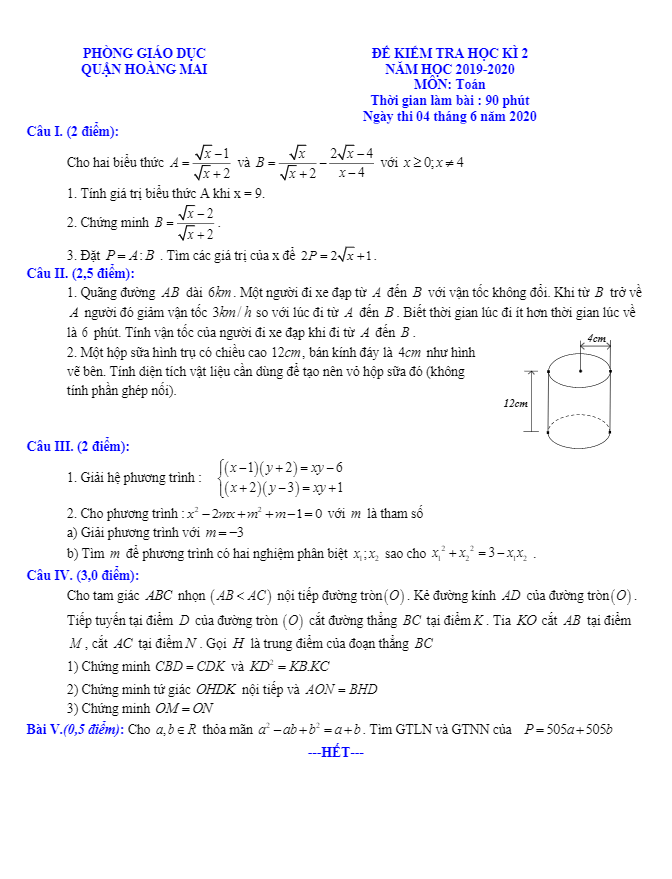 Đề thi học kì 2 (HK2) lớp 9 môn Toán năm 2019 2020 phòng GD ĐT Hoàng Mai Hà Nội