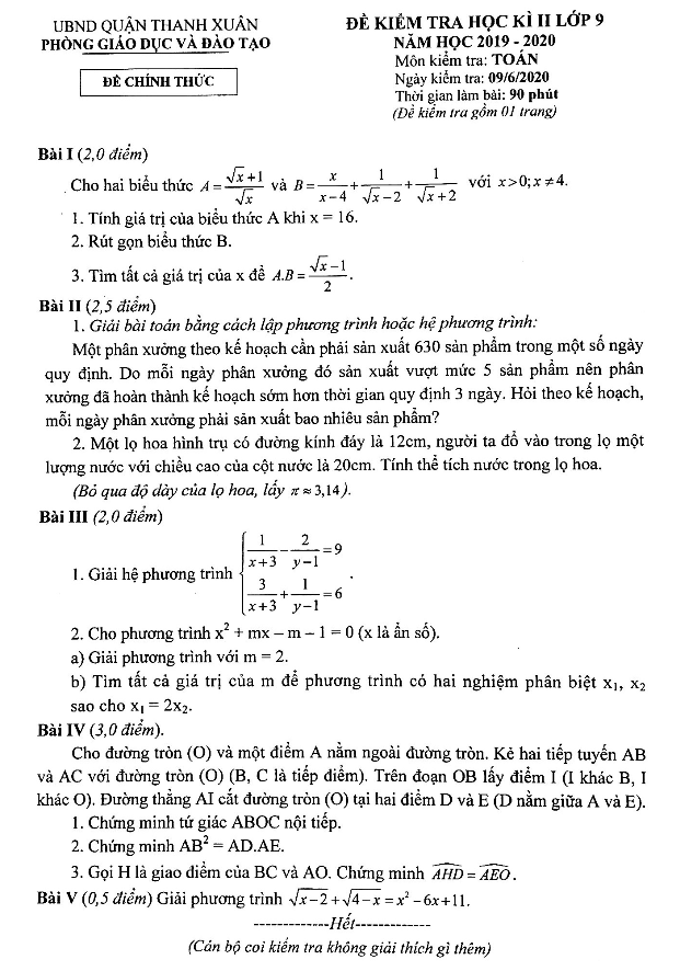Đề thi học kì 2 (HK2) lớp 9 môn Toán năm 2019 2020 phòng GD ĐT Thanh Xuân Hà Nội