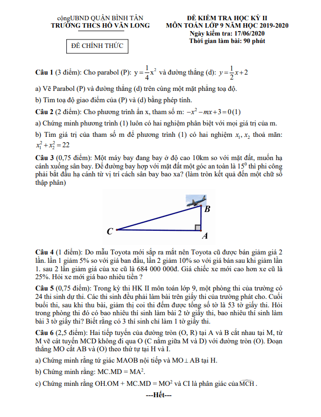 Đề thi học kì 2 (HK2) lớp 9 môn Toán năm 2019 2020 trường THCS Hồ Văn Long TP HCM