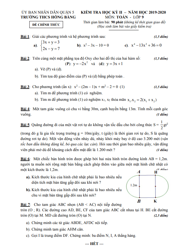 Đề thi học kì 2 (HK2) lớp 9 môn Toán năm 2019 2020 trường THCS Hồng Bàng TP HCM