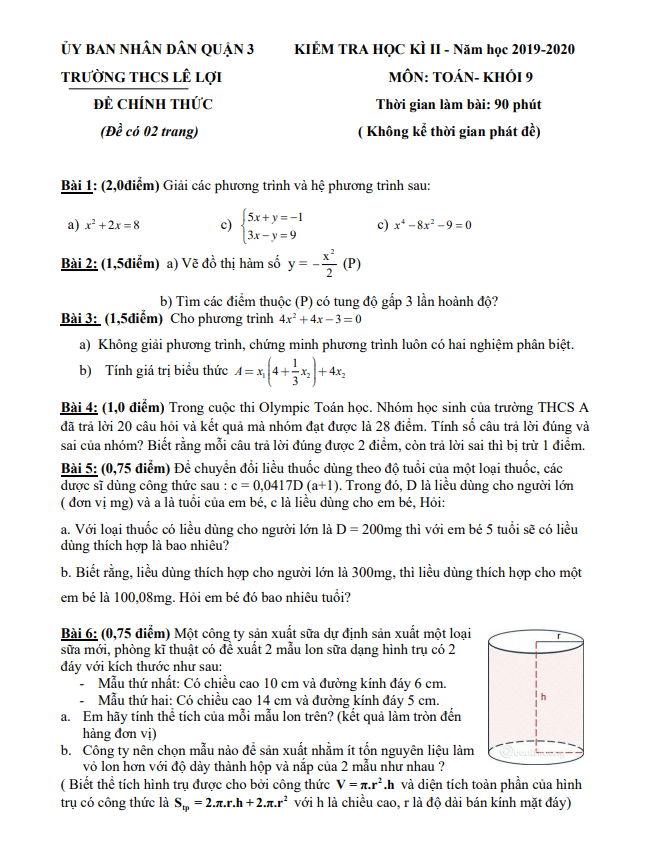 Đề thi học kì 2 (HK2) lớp 9 môn Toán năm 2019 2020 trường THCS Lê Lợi TP HCM