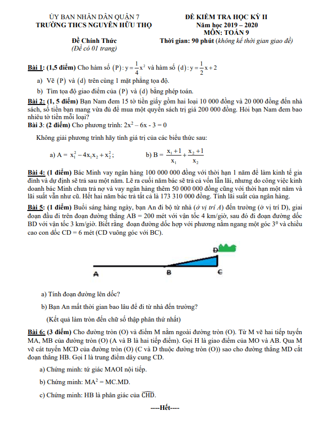 Đề thi học kì 2 (HK2) lớp 9 môn Toán năm 2019 2020 trường THCS Nguyễn Hữu Thọ TP HCM