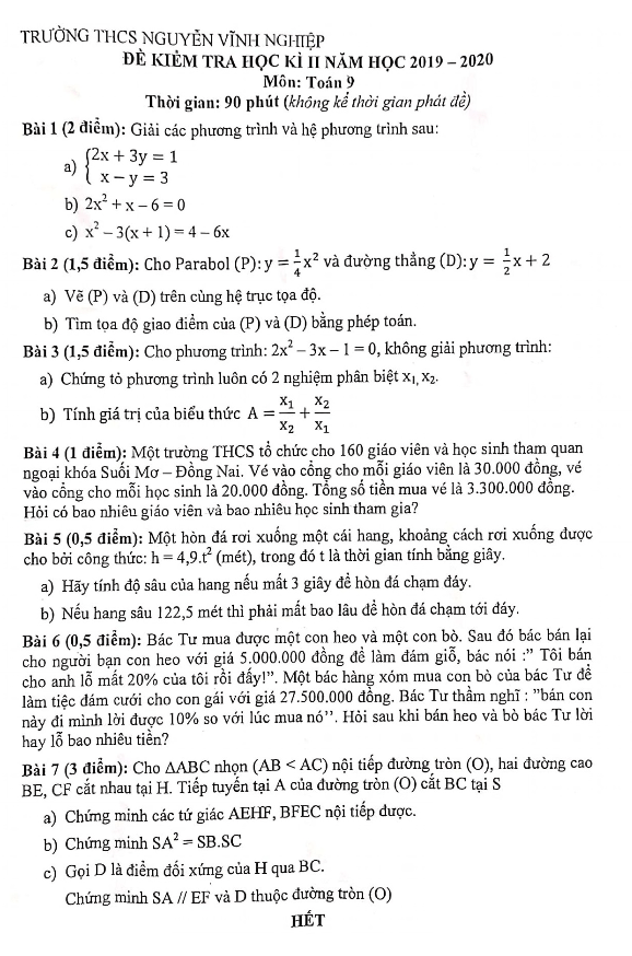 Đề thi học kì 2 (HK2) lớp 9 môn Toán năm 2019 2020 trường THCS Nguyễn Vĩnh Nghiệp TP HCM