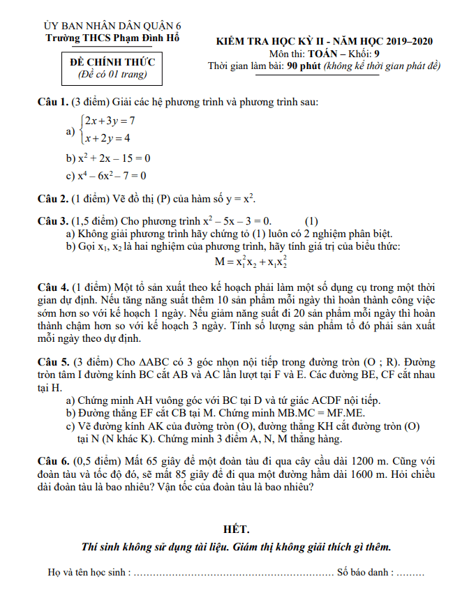 Đề thi học kì 2 (HK2) lớp 9 môn Toán năm 2019 2020 trường THCS Phạm Đình Hổ TP HCM