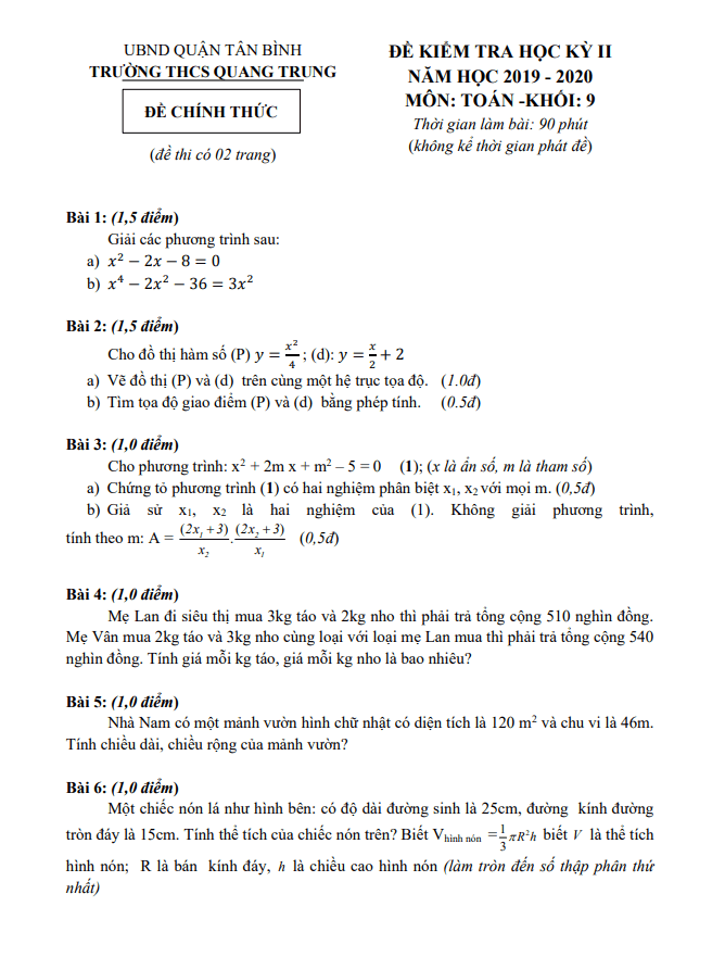 Đề thi học kì 2 (HK2) lớp 9 môn Toán năm 2019 2020 trường THCS Quang Trung TP HCM