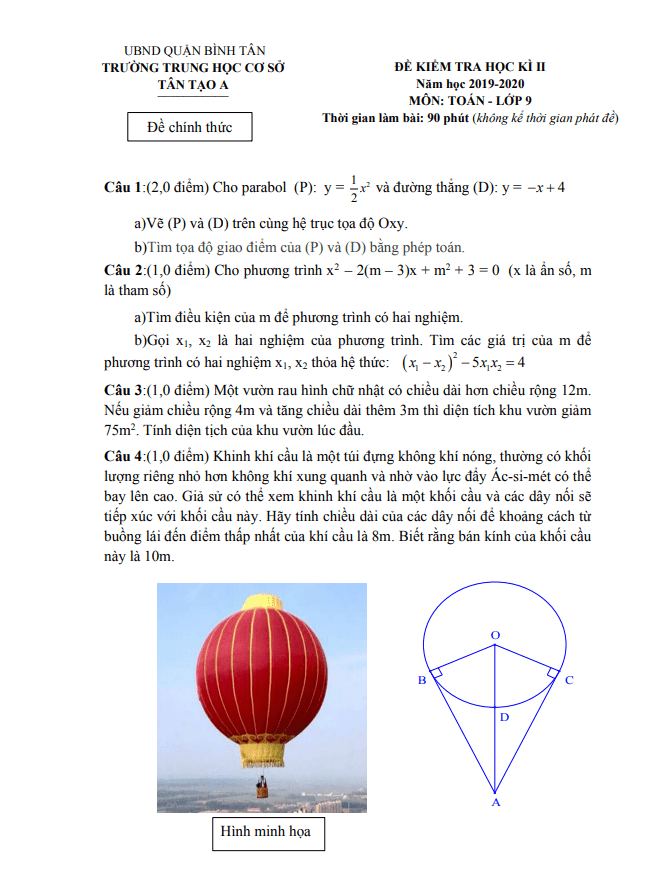 Đề thi học kì 2 (HK2) lớp 9 môn Toán năm 2019 2020 trường THCS Tân Tạo A TP HCM