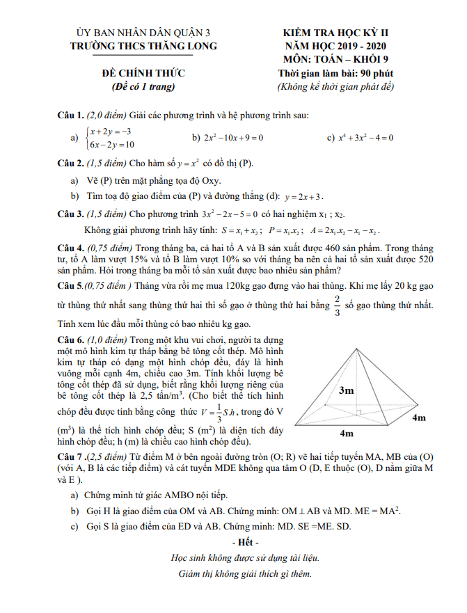 Đề thi học kì 2 (HK2) lớp 9 môn Toán năm 2019 2020 trường THCS Thăng Long TP HCM