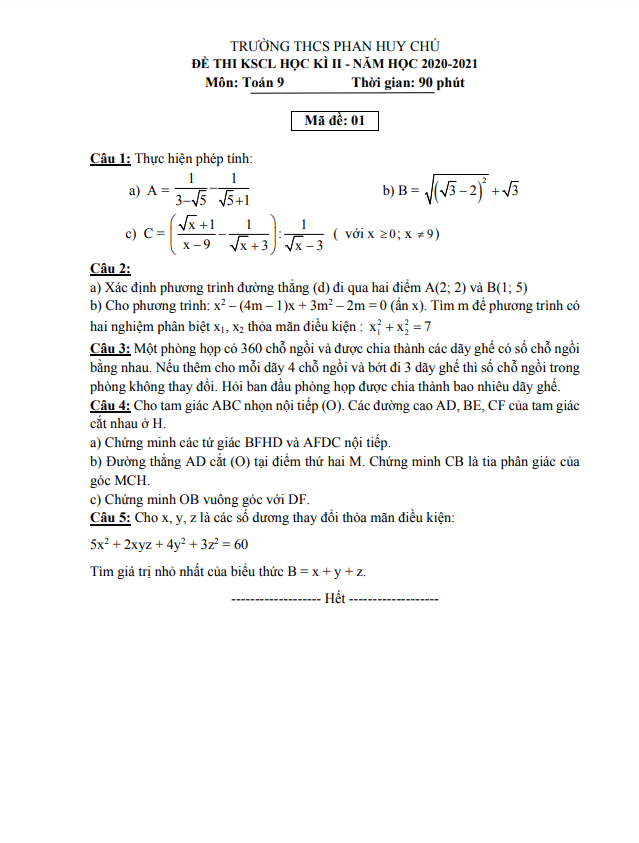 Đề thi học kì 2 (HK2) lớp 9 môn Toán năm 2020 2021 trường THCS Phan Huy Chú Hà Tĩnh