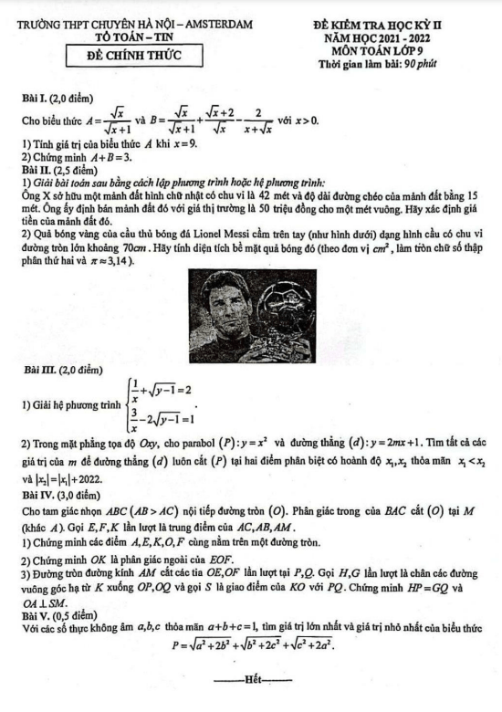 Đề thi học kì 2 (HK2) lớp 9 môn Toán năm 2021 2022 trường chuyên Hà Nội Amsterdam