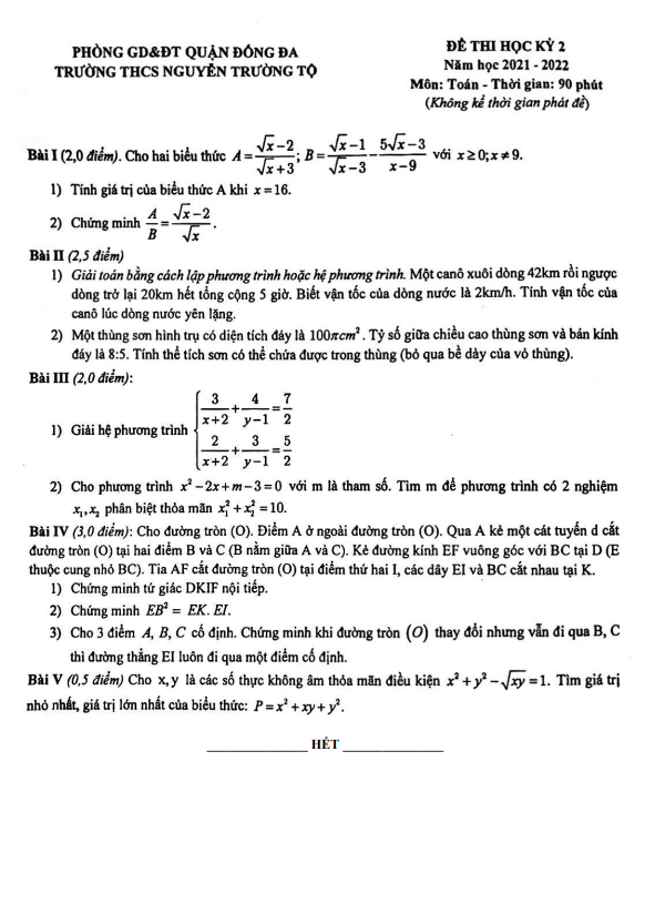 Đề thi học kì 2 (HK2) lớp 9 môn Toán năm 2021 2022 trường THCS Nguyễn Trường Tộ Hà Nội
