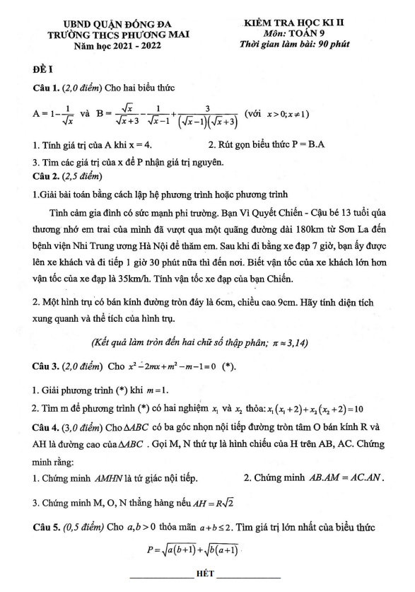 Đề thi học kì 2 (HK2) lớp 9 môn Toán năm 2021 2022 trường THCS Phương Mai Hà Nội
