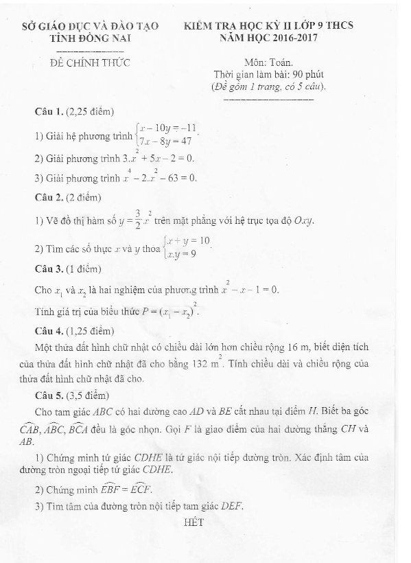 Đề thi học kì 2 (HK2) lớp 9 môn Toán năm học 2016 2017 sở GD và ĐT Đồng Nai