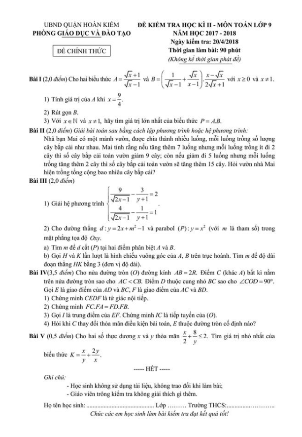 Đề thi học kì 2 (HK2) lớp 9 môn Toán năm học 2017 2018 phòng GD và ĐT Hoàn Kiếm Hà Nội