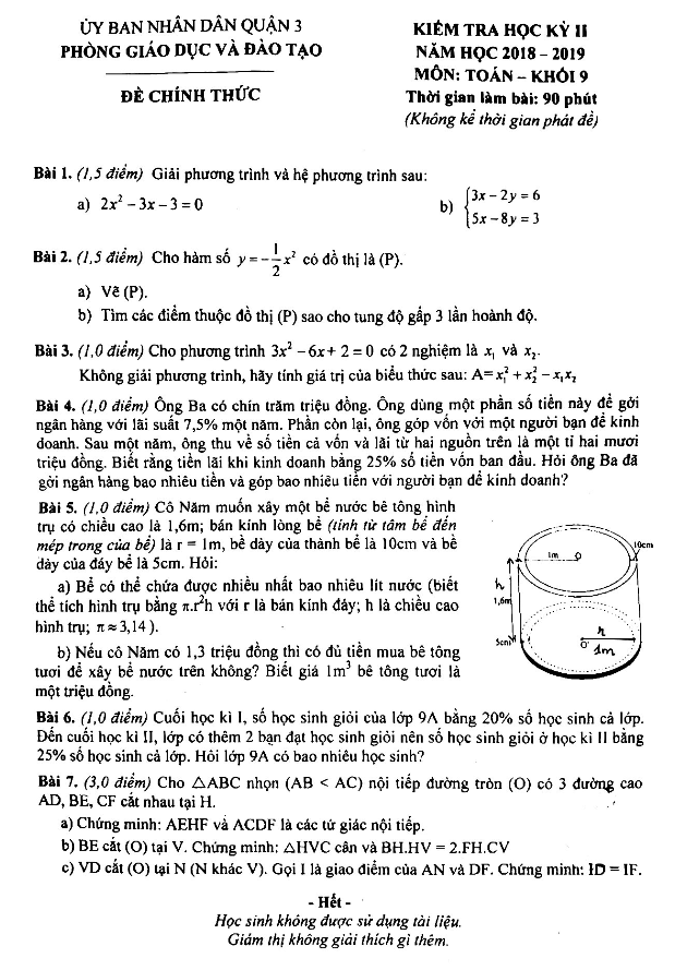 Đề thi học kì 2 (HK2) lớp 9 môn Toán năm học 2018 2019 phòng GD ĐT Quận 3 TP HCM
