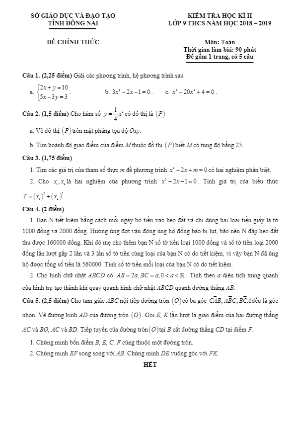 Đề thi học kì 2 (HK2) lớp 9 môn Toán năm học 2018 2019 sở GD ĐT Đồng Nai