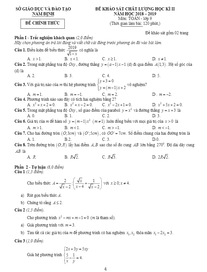 Đề thi học kì 2 (HK2) lớp 9 môn Toán năm học 2018 2019 sở GD ĐT Nam Định